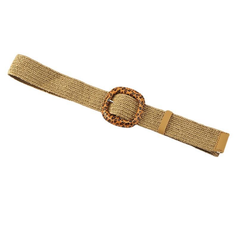 Pp Grass Woven Belt Women'S Retro Cotton And Linen Ethnic Style Dress Waist Seal Leopard Print Buckle Decorative Belt