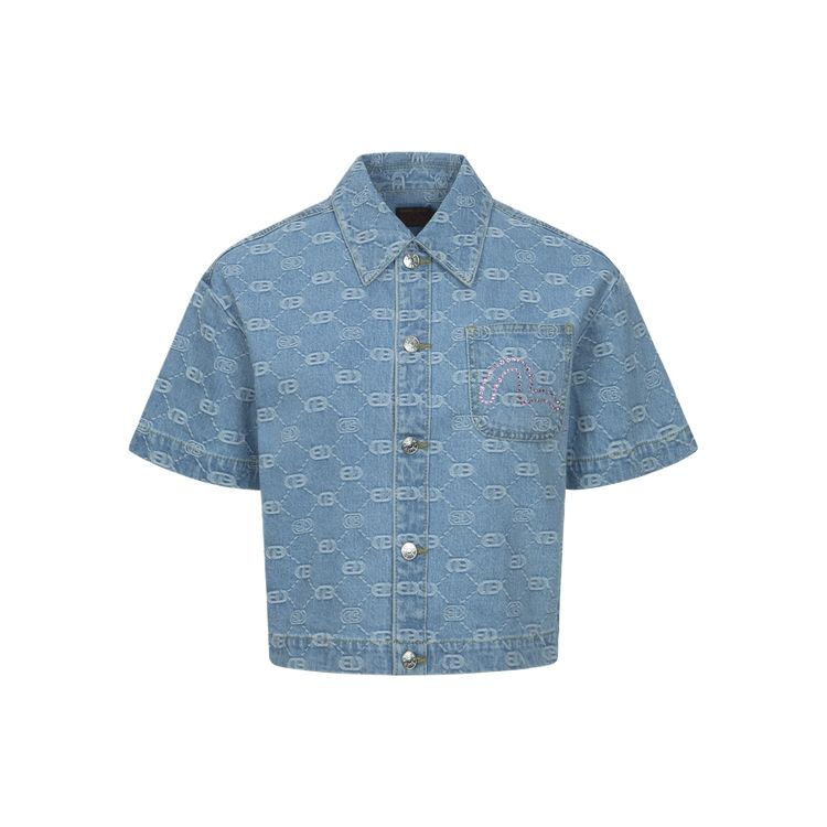 Evisu SS24 All Over Logo Jacquard And Stone Embellished Fashion Fit Denim Shirt Women Shirts Denim-Blue 2ESHTW4SS4072FFDP