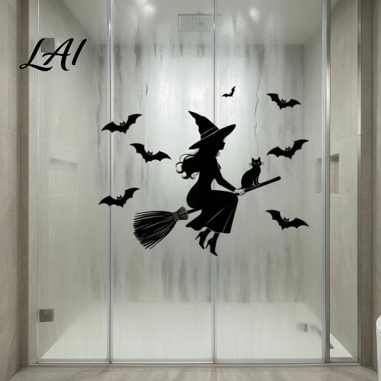 PVC Static Cling Decals Halloween Witch Black Cat Window Stickers Waterproof Silhouette Decals Dark Style Holiday Decoration Removable Wall