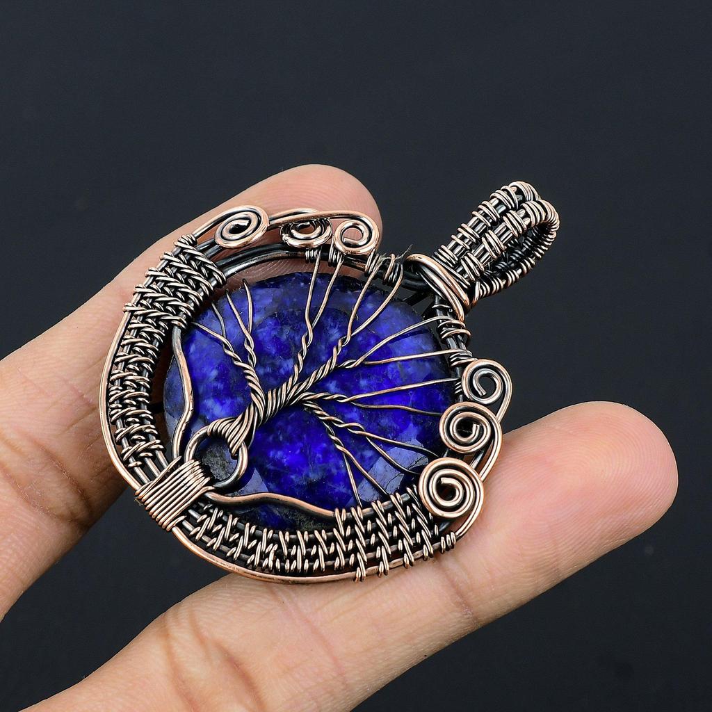Tree Of Life Blue Sapphire Pendant, Handmade Gemstone Pendant, 999 Copper Wire Wrapped Pendant Antique Jewelry, For Engagement Gift