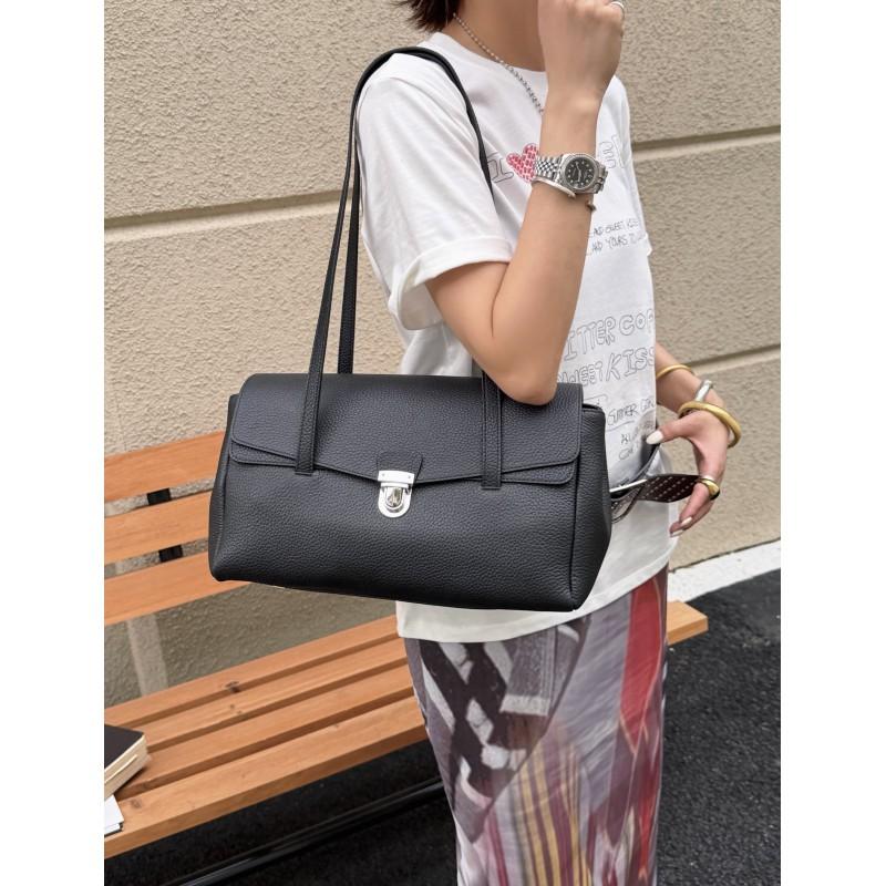 Vintage-Style Leather Tote Bag Women Large Capacity Shoulder Flap Soft Full-Grain Cowhide Daily Commute Casual
