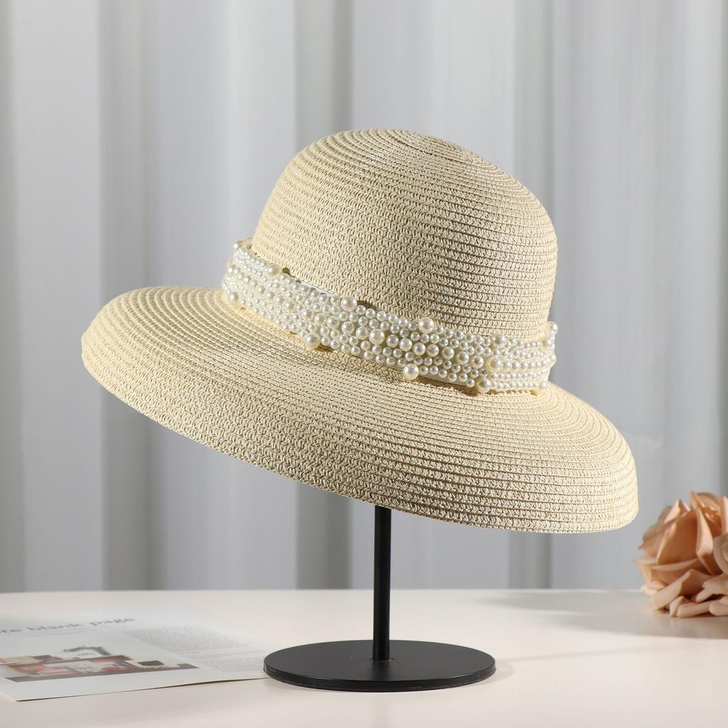2025 New Summer Straw Hat Top For Women Fashion Pearl Hepburn Sun Hat Wide Brim Sun Protection Cap Vacation Beach Hat