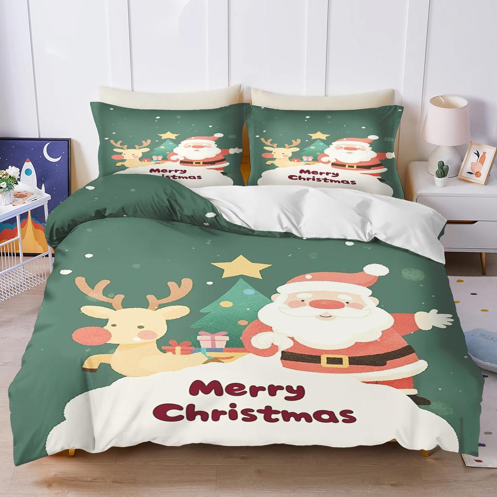 Gingerbread Man Santa Claus  Christmas Tree Reindeer Anime Printed Bedding Set Duvet Cover Queen Cotton Cute Cartoon Quilt Cover