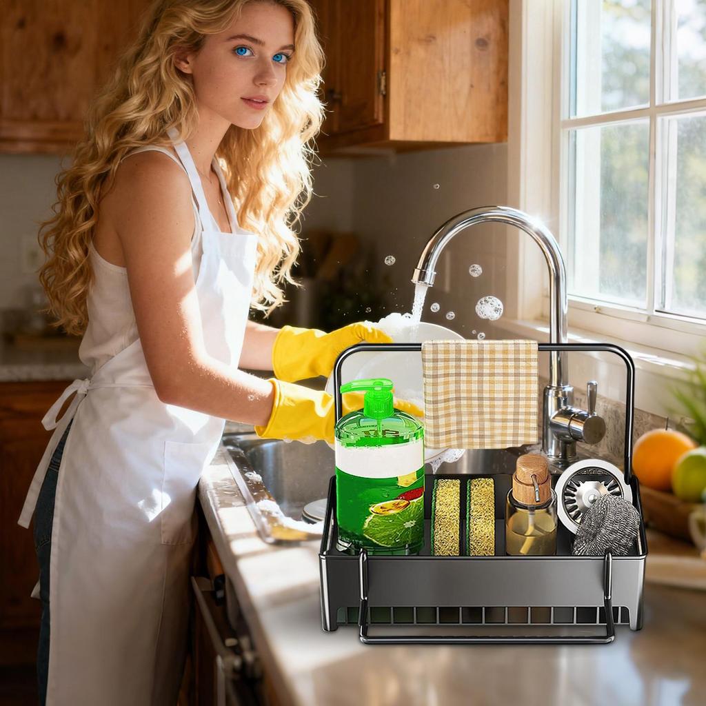 Multi-Functional Kitchen Sink Drain Rack Organizer Detachable Tray for Sponge, Dishcloths & Cleaning Brushes Storage
