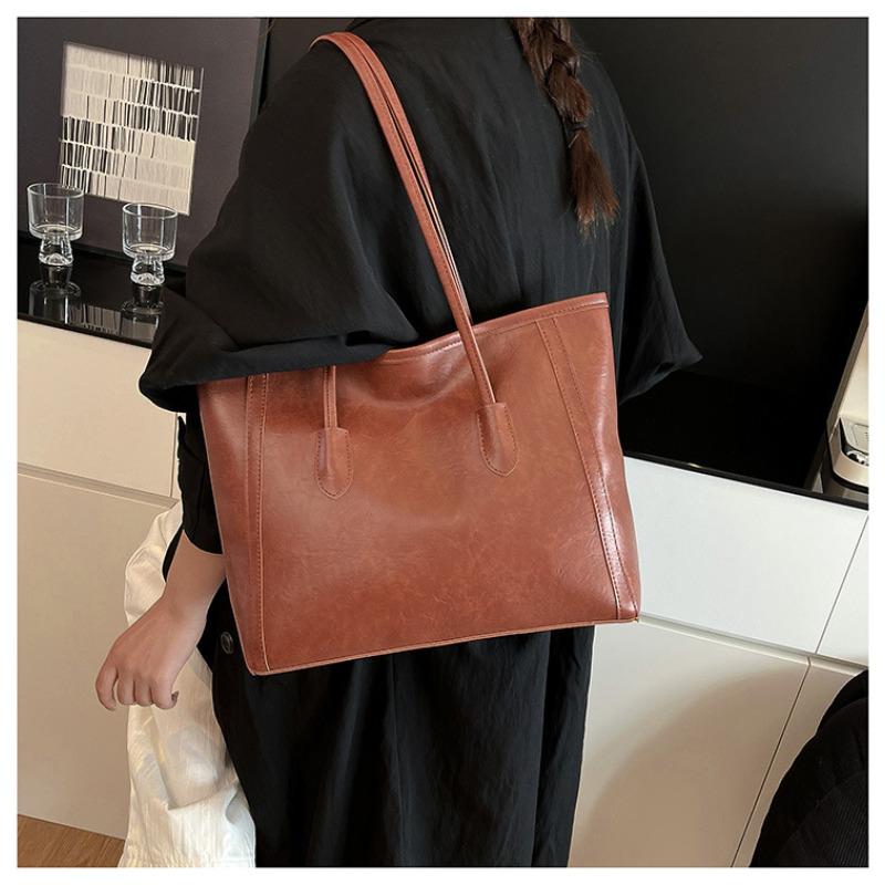 Vintage Large Capacity Faux Leather Tote Bag for Women, Chic Korean Style Commuter Shoulder Handbag, Soft Texture Fashion Work Bag