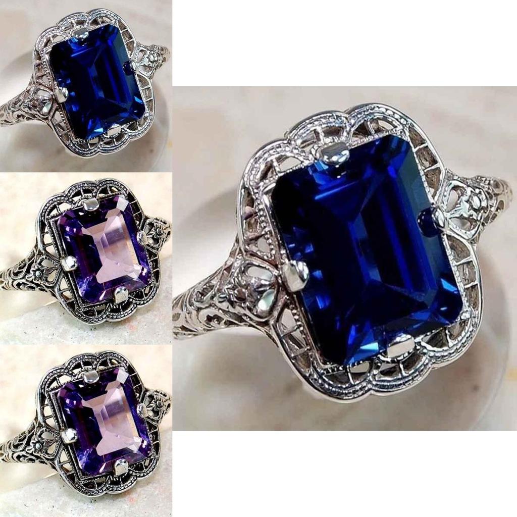Elegant European Style Jewelry With Classic Square Cut Blue Sapphire Rhinestone Studded Ring