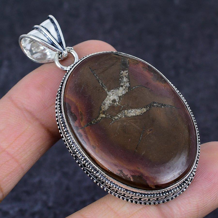 Mud Crack Fossil Gemstone Handmade 925 Sterling Silver Pendant 2.36" S1v34