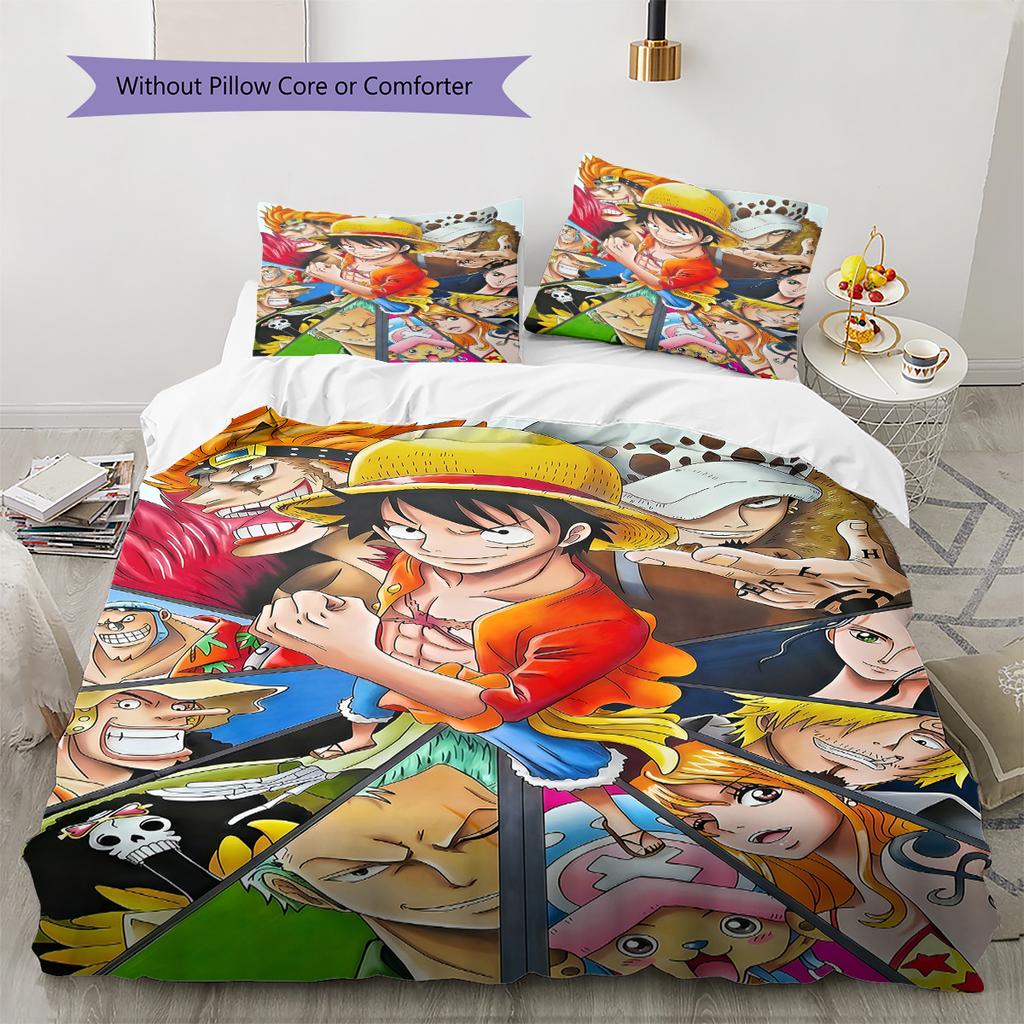 Anime One Piece Pattern Bedding Quilt Set Quilt Cover Pillowcase Home Birthday Gift(1 * Duvet Cover + 2 * Pillowcase, Without Core)
