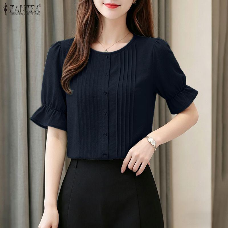 ZANZEA Women Casual Round Neck Solid Color Short Sleeve Blouse