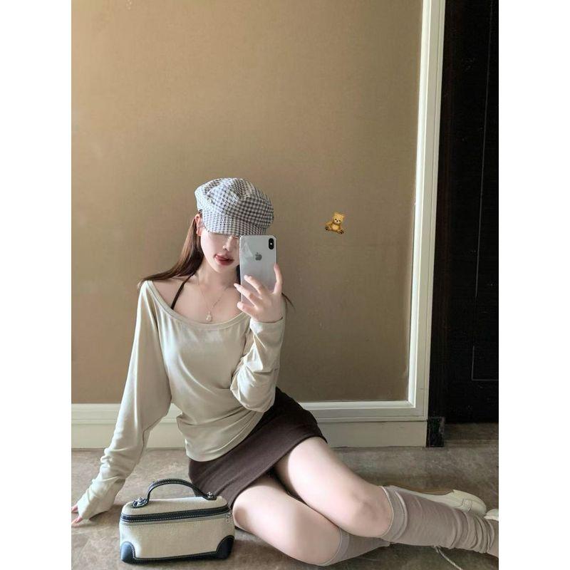 Kumikumi Idle Style Coffee Color Long sleeves Shirt Inner wear Hanging Neck Sling Women Autumn Slimming Skirt Three-Piece Set
