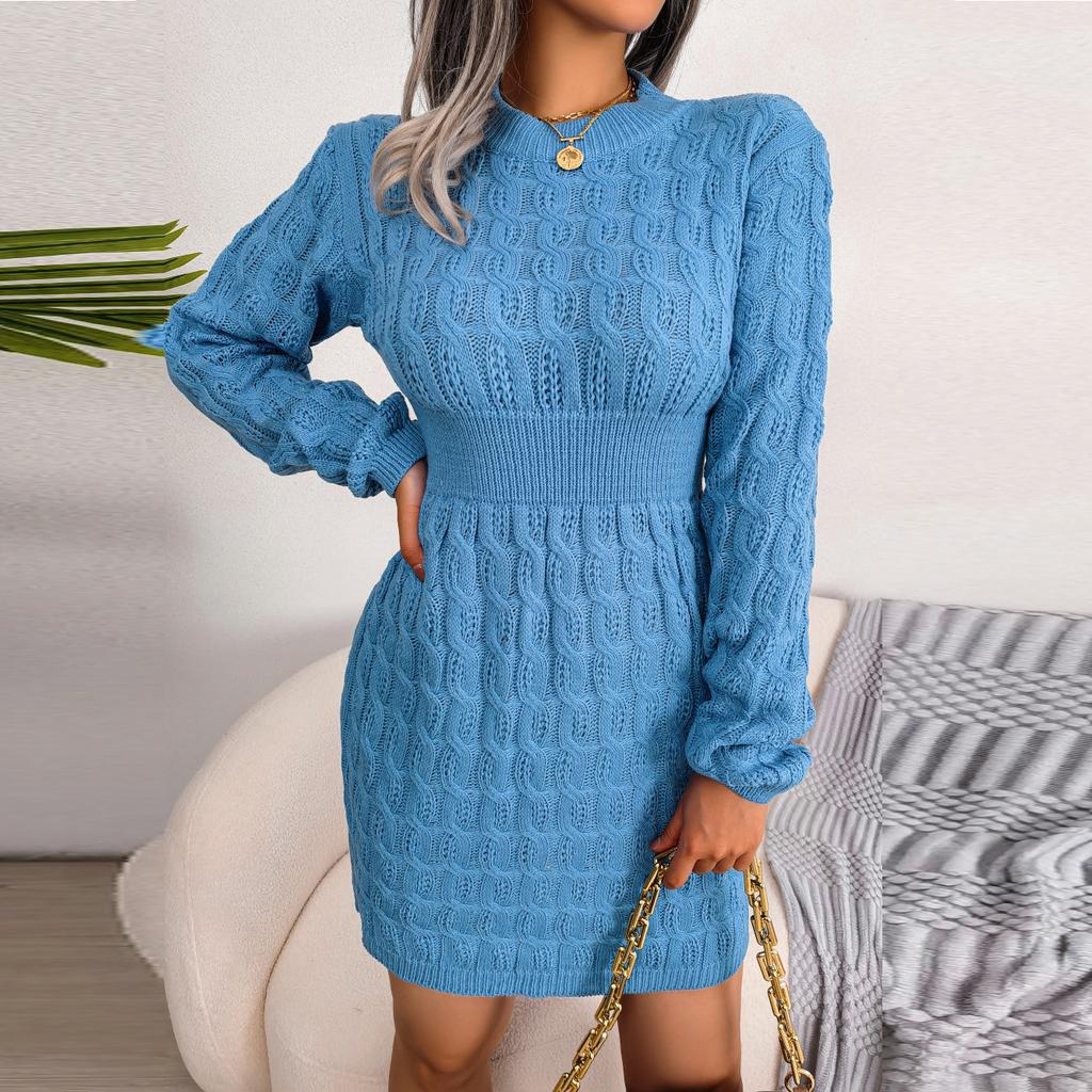 Autumn Winter Women Casual Long Sleeve Knitted Sweater Dress Black White Blue
