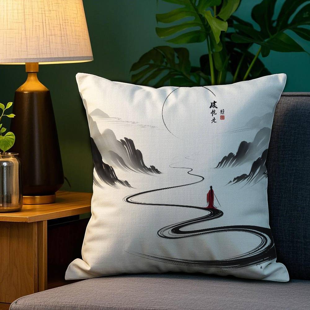 Chinese Ink Painting Style Pillow Case Plush Fabric Soft Double Sided Print Home Sofa High Quality Cushion Cover Throw