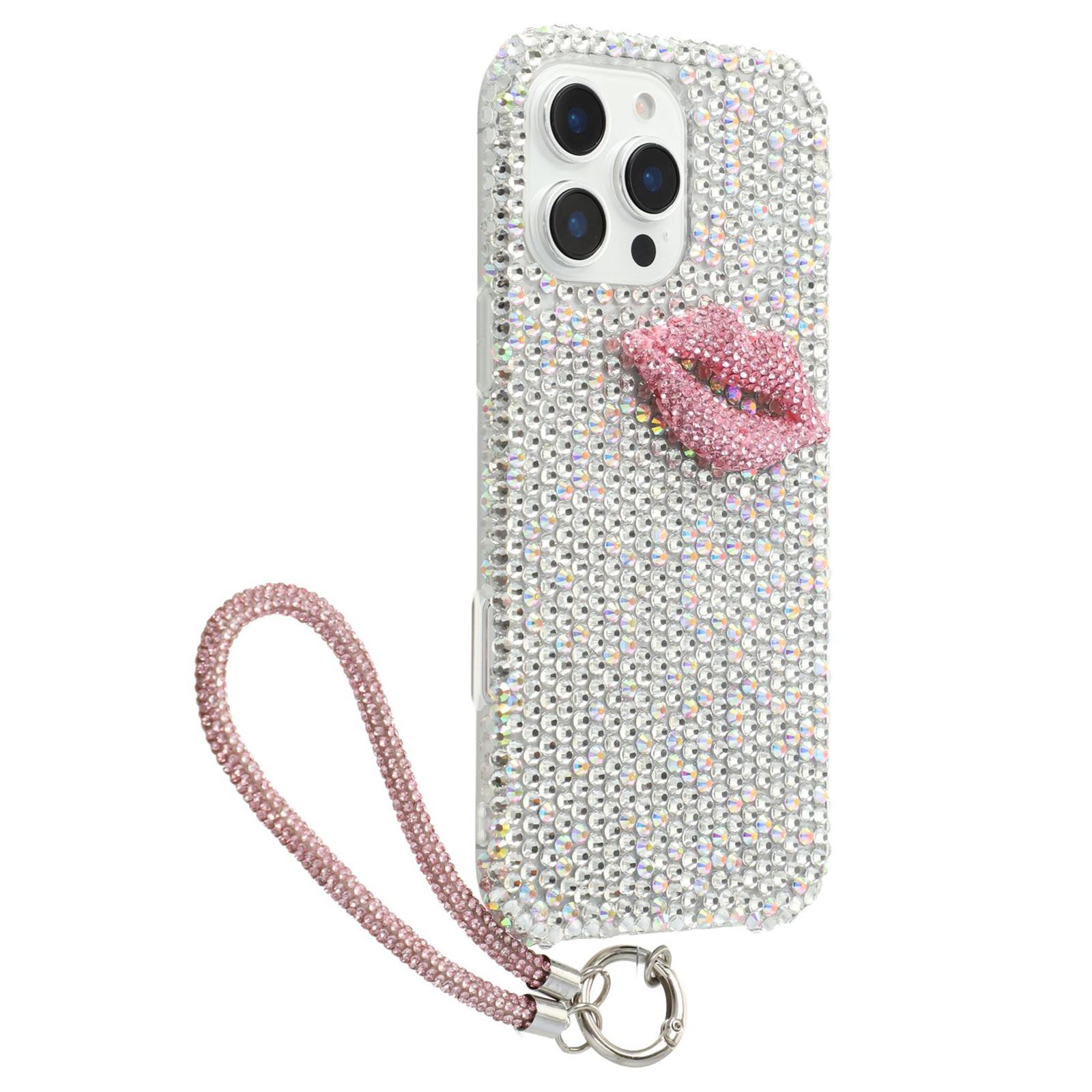 

For iPhone 16 Pro Case with Strap Full Rhinestone Lip Decor TPU+PC Phone Back Cover White