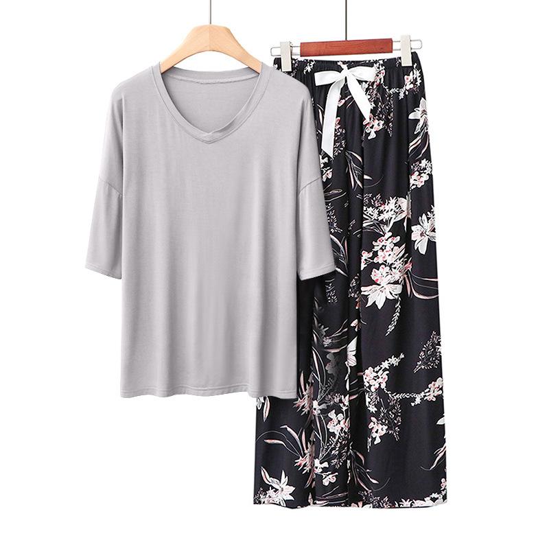 Sommer Damen Pyjama Sets Modal Kurzarm T-Shirts und Weitbein Hosen Heiß Lässig Homewear 2-teiliges Anzug Damen Nachtwäsche