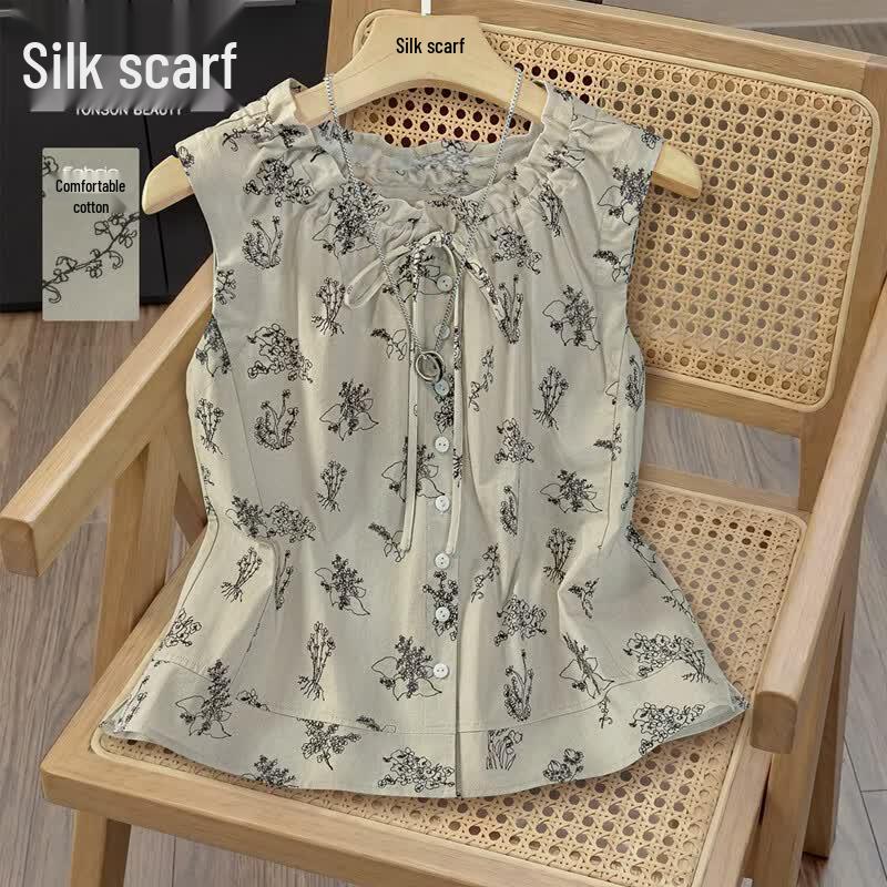 Sibaishe Women s Floral Print Sleeveless Cotton Blouse S