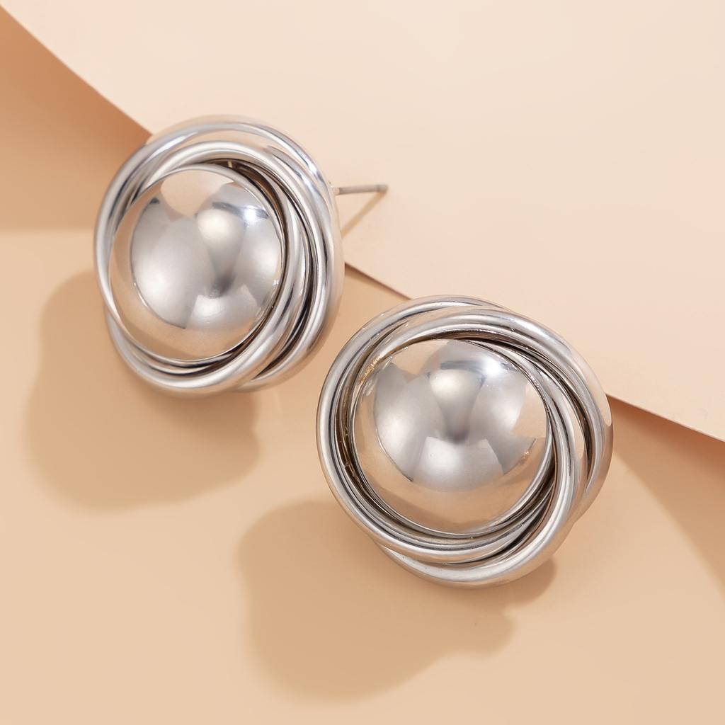 Earrings Simple Temperament Winding Metal Texture Stud Earrings Ins Banquet Glossy Semi-round Ear Jewelry