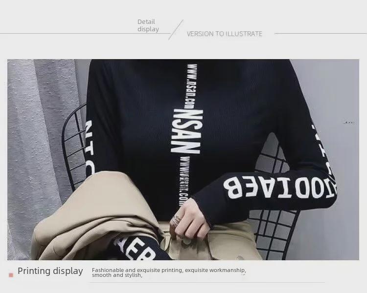 Damen Slim Fit Hochelastisches Schwarzes Bedrucktes Rollkragen Langarm T-Shirt für Frühling/Herbst 2023