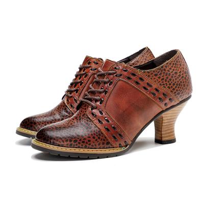 Fashion Versatile Women Pumps Genuine Leather Round Toe Lace-up Ladies High Heels