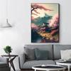 Retro Fantasie Japan Haus Dorf Landschaft Poster und Drucke Leinwand Gemälde Sakura See Wand Kunst Für Wohnzimmer Wohnkultur