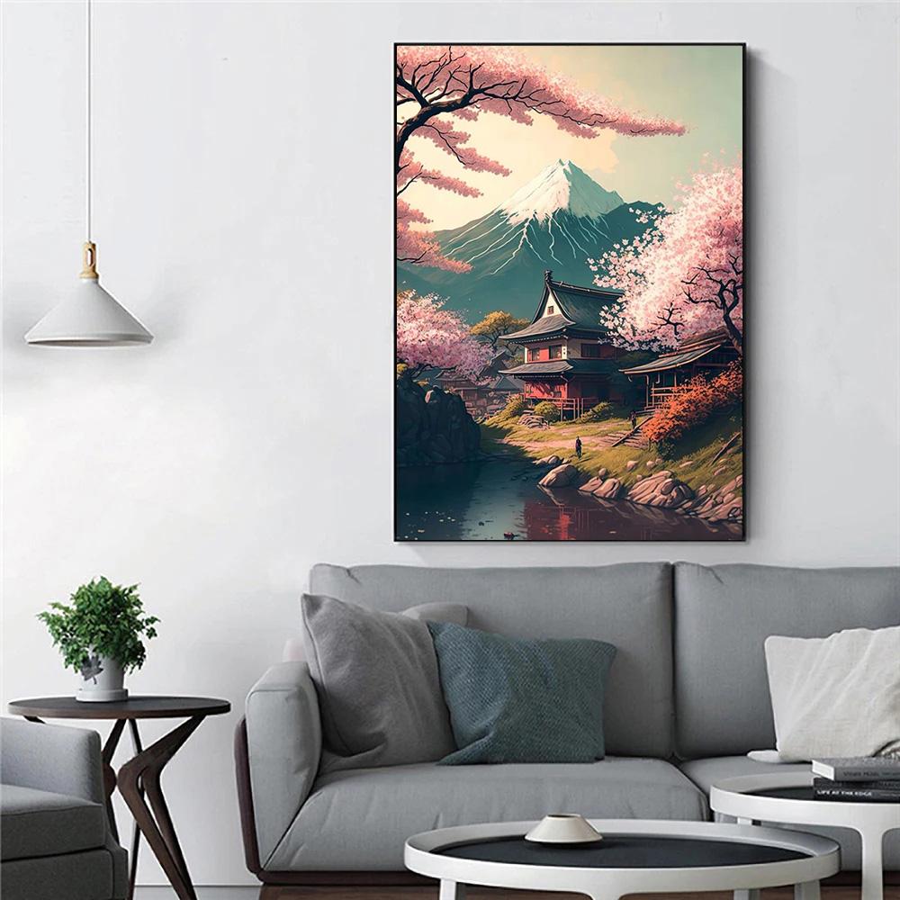 Retro Fantasy Japan House Village Landscape Posters and Prints Canvas Paintings Sakura Lake Wall Art For Living Room Home Decor