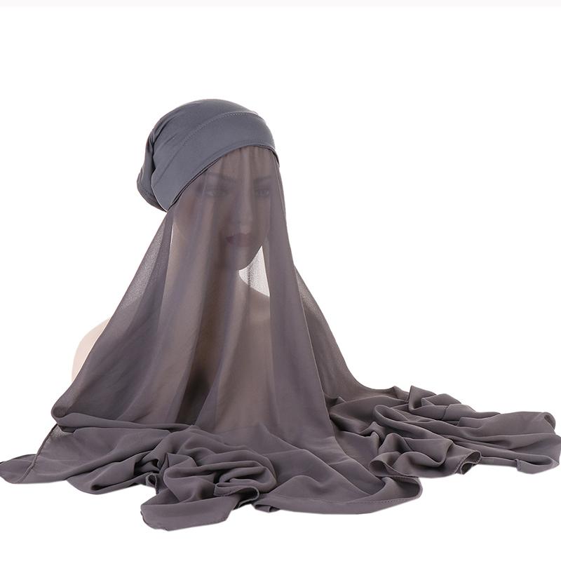 1Pc Muslim Shawl Scarf Chiffon Hijab Breathable Turban Head Wrap Women Solid Color Polyester With Inner Cap