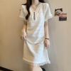 Korean Style Short - Sleeved Tassel - Decorated Sweet - Looking White Slim Knitted Dress Made of Ice Silk Fabric for Women To Wear Outdoors In Summer