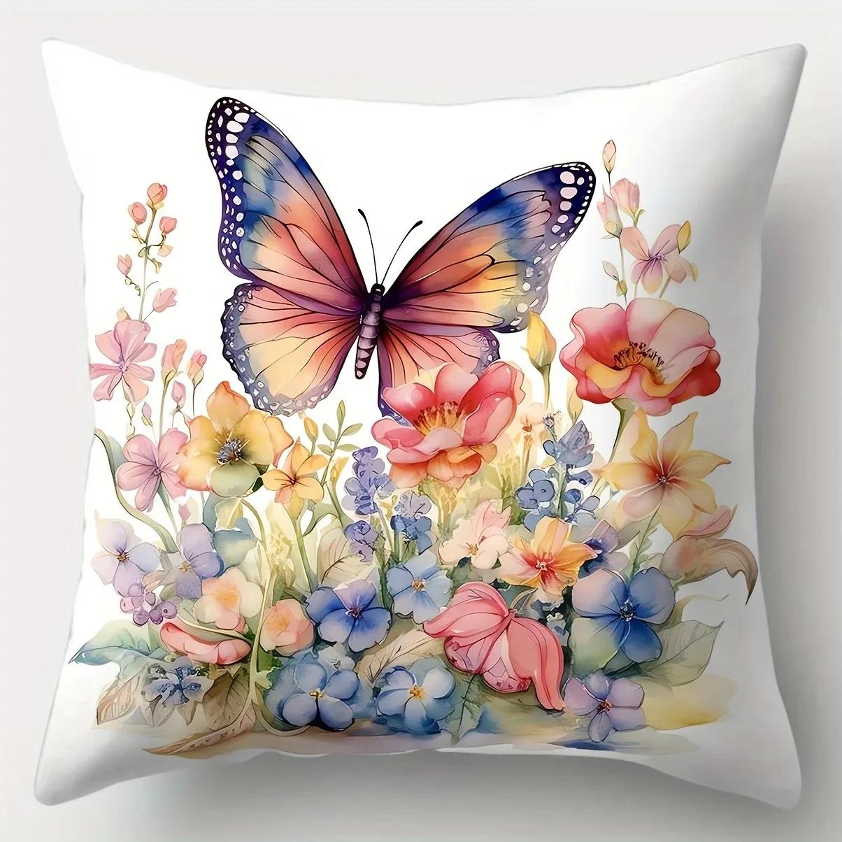 Monika Chen Unisex Home Decor Colorful Butterflies With Floral Watercolor Design Pattern Cushion Cover Suitable For Sofa Bedroom Car Pillow Cover