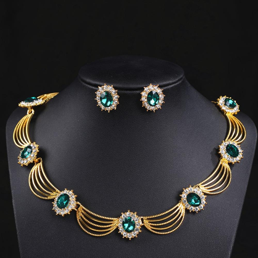 Gold-Tone Gemstone Necklace Set Geometric Statement Jewelry Set Earring Matching Set  Women