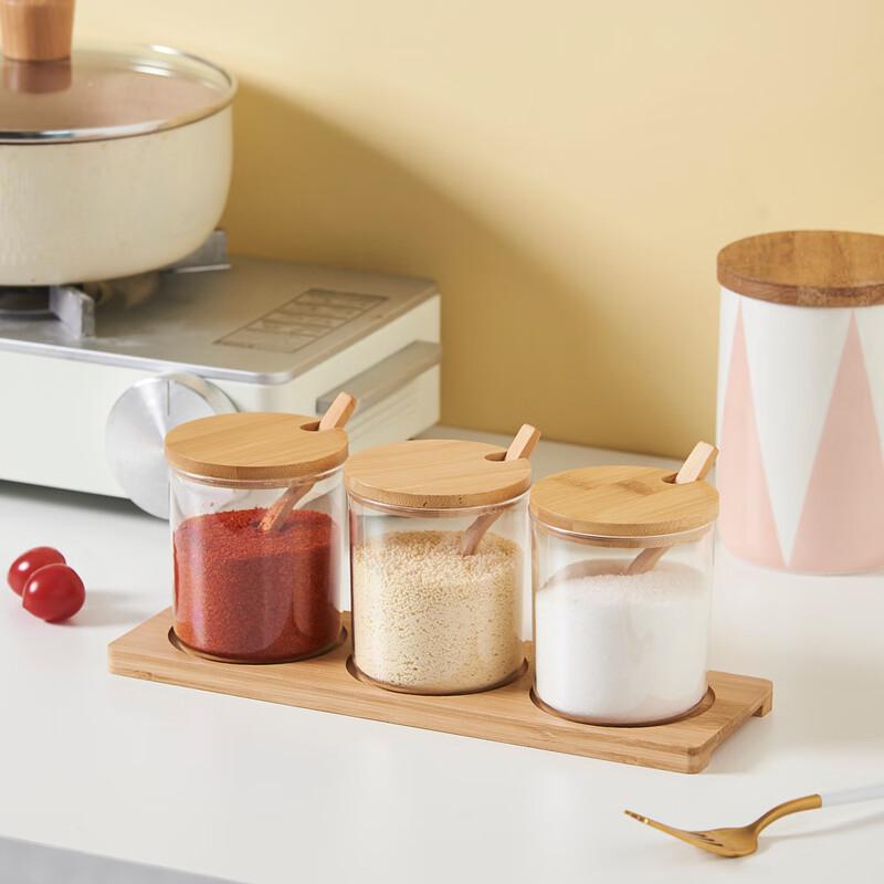 Kitchen Spice Jar Set with Bamboo Lids With Base and Spoons