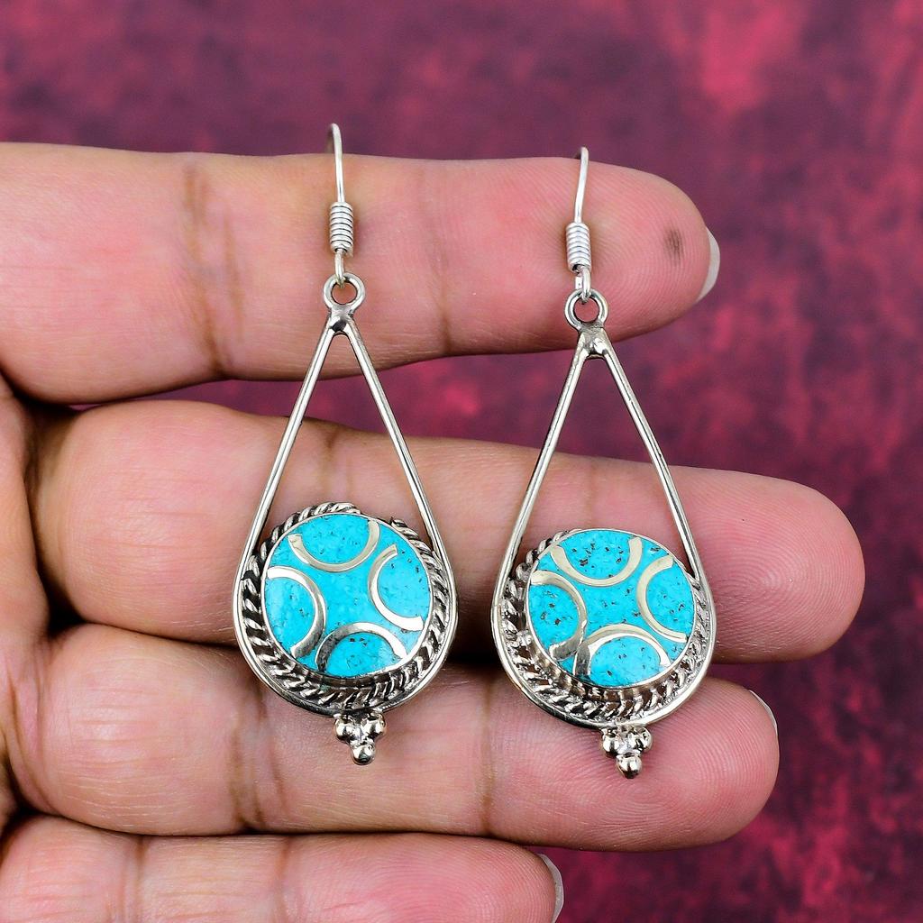 Modré tyrkysové ručně vyráběné náušnice z drahých kamenů, 925 masivní stříbrné náušnice starožitné šperky, jako dárek k zásnubám