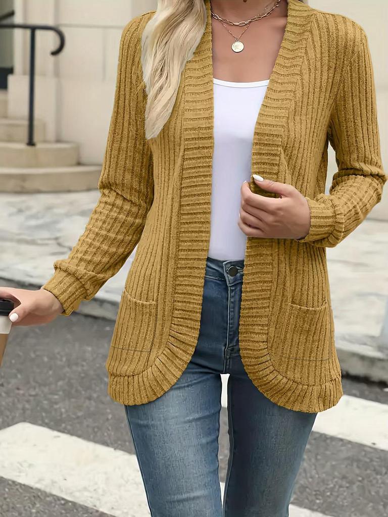 2025 Autumn/Winter Solid Color Ribbed Patchwork Long Sleeve Cardigan