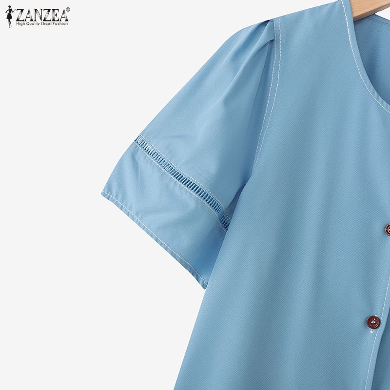 ZANZEA Damen Lässige Rundhals Sommer Kurzarm Spitze Patchwork Bluse