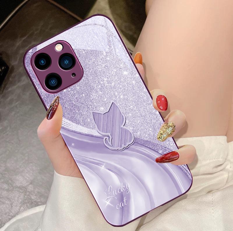 Sparkling Diamond Cat For IPhone 16 Pro Max 15 Pro 14 13 12 Mini 11 XS Max XR 7 8 Plu SE 2022 Tempered Glass Phone Case