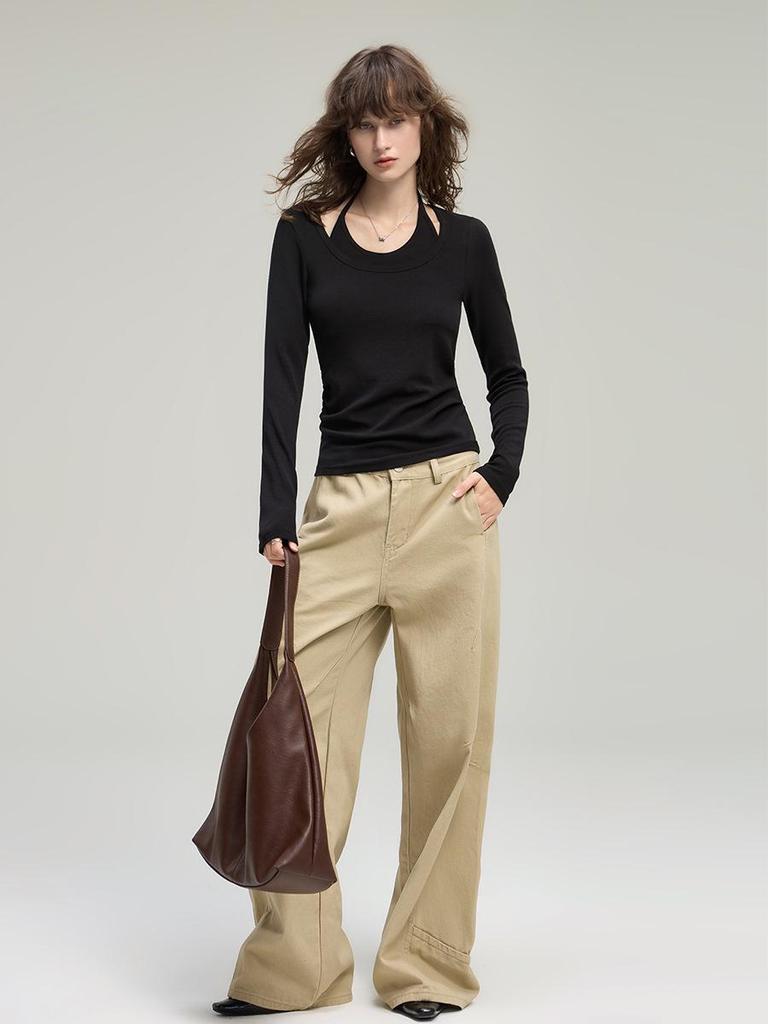 2025 Autumn Women's Slimming Two-Piece Faux Layered Knit Long Sleeve Top