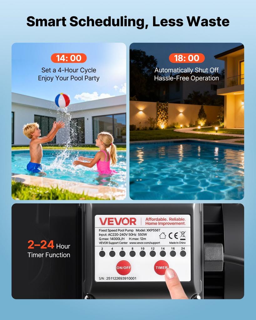 Zwembadpomp, 550W, 14.000 L/U Maximaal Debiet Enkele Snelheid Zwembadpomp, AC 220-240V, 3450 RPM, 12 m Maximale Opvoerhoogte, met 24-Uurs Timer & Filtermand, voor
