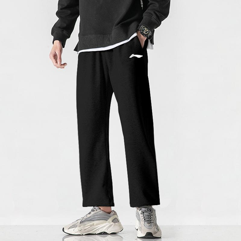 Li Ning Solid Color Elastic Waist Straight Leg Knitted Sports Pants Men bottoms Black AKLS451-1