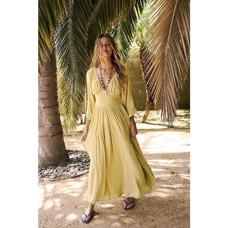 Women's New V-neck Mid-length Sleeve Holiday Beach Dress Slim Fashion Versatile Casual Solid Colour Dresses