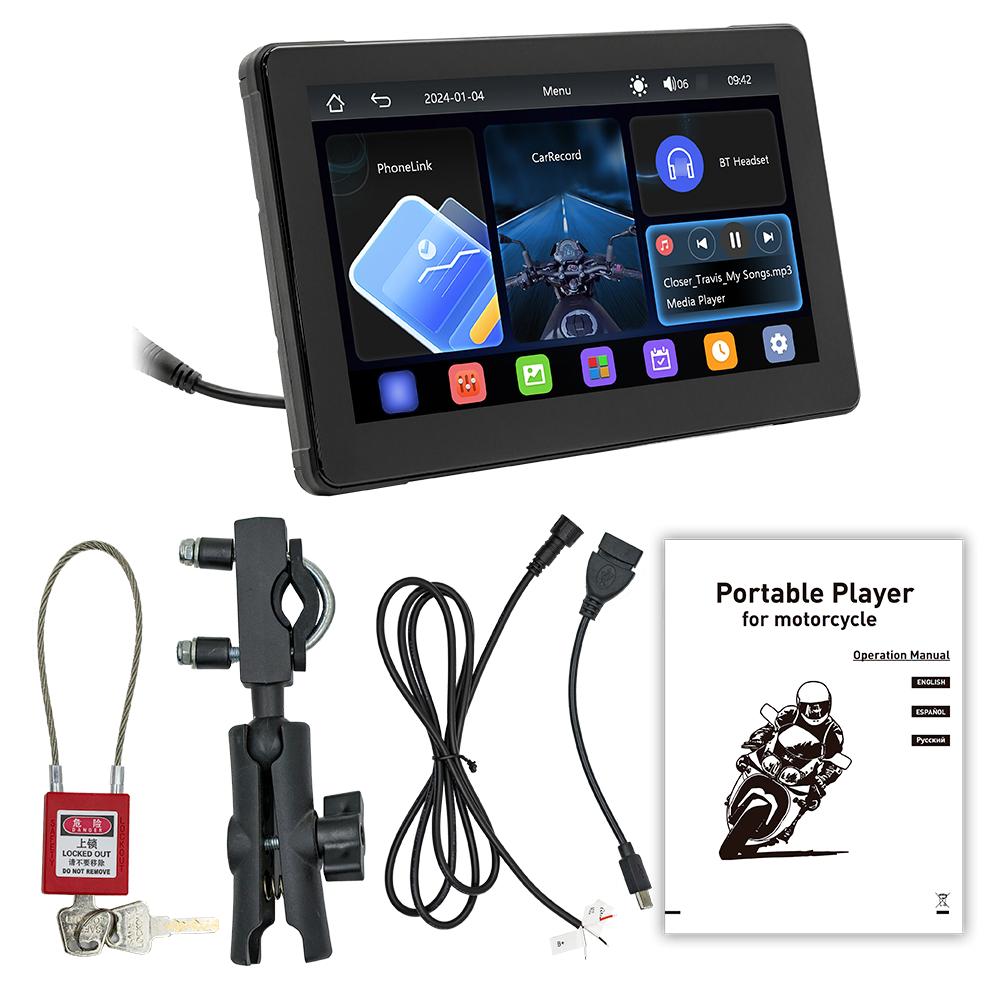 

MP5-плеер для мотоцикла с двумя Bluetooth-портами, встроенная водонепроницаемая камера IP65 с 7-дюймовым IPS-дисплеем чёрный