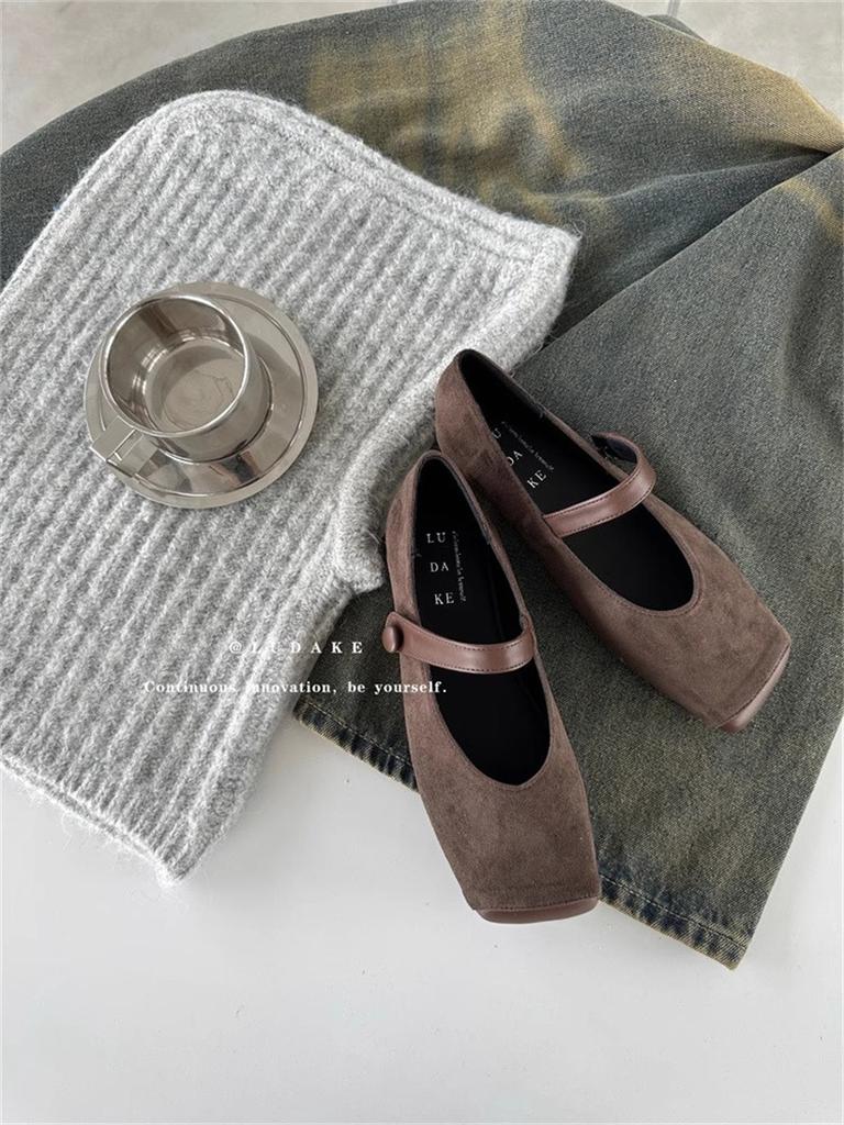 Dámské boty Mary Jane s hranatou špičkou, dámské boty 2025 podzim a zima nové, semišové, s páskem přes nárt, retro, k sukni, sametové lodičky