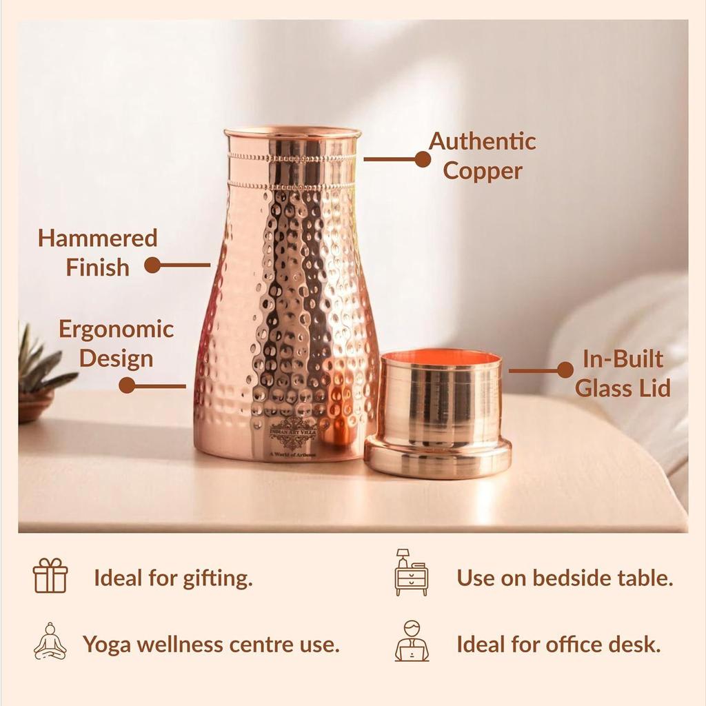 Pure Copper Bedroom Water Bottle with Inbuilt Glass, Hammered Shine Design, Drinkware and Storage Purpose, 950 Ml (Pack of 1)