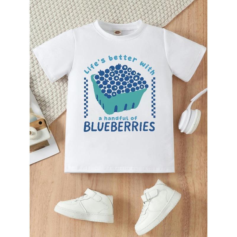 

European sizes Cartoon Blueberry Print T-shirt | Round Neck, Casual Summer Top, Regular Fit 98cm