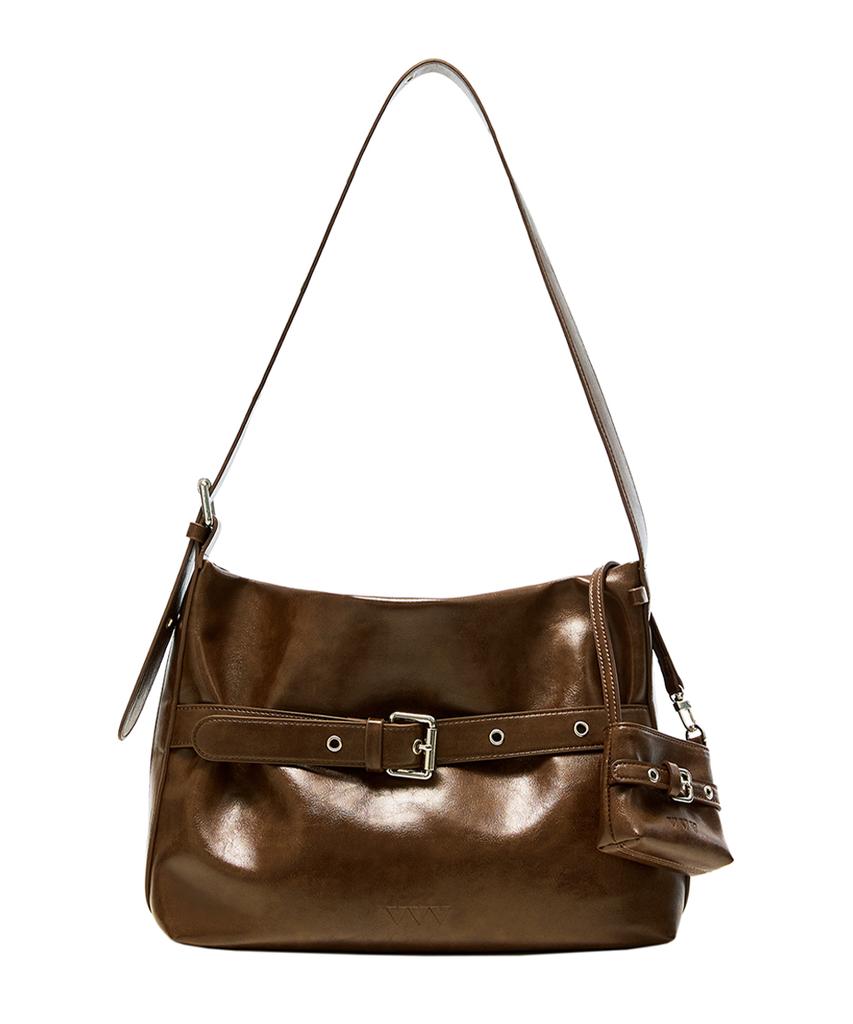Vvv [Set] Medium Buckle Hobo Shoulder Crossbody Bag _ Brown
