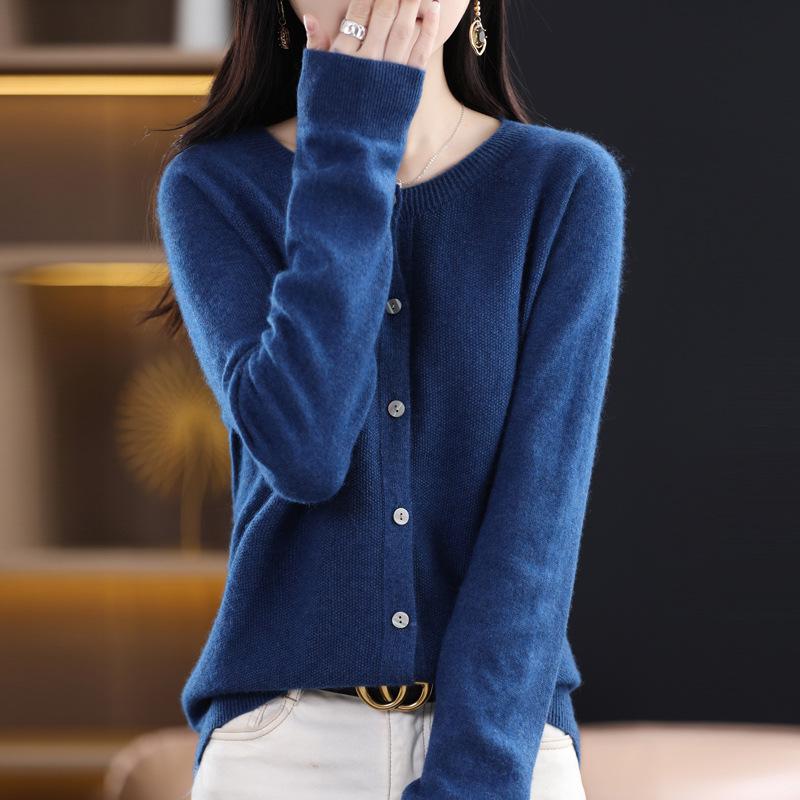 Women's Wool Knitwear: Autumn/Winter Round Neck Cardigan - Long Sleeve Solid Color Sweater Jacket