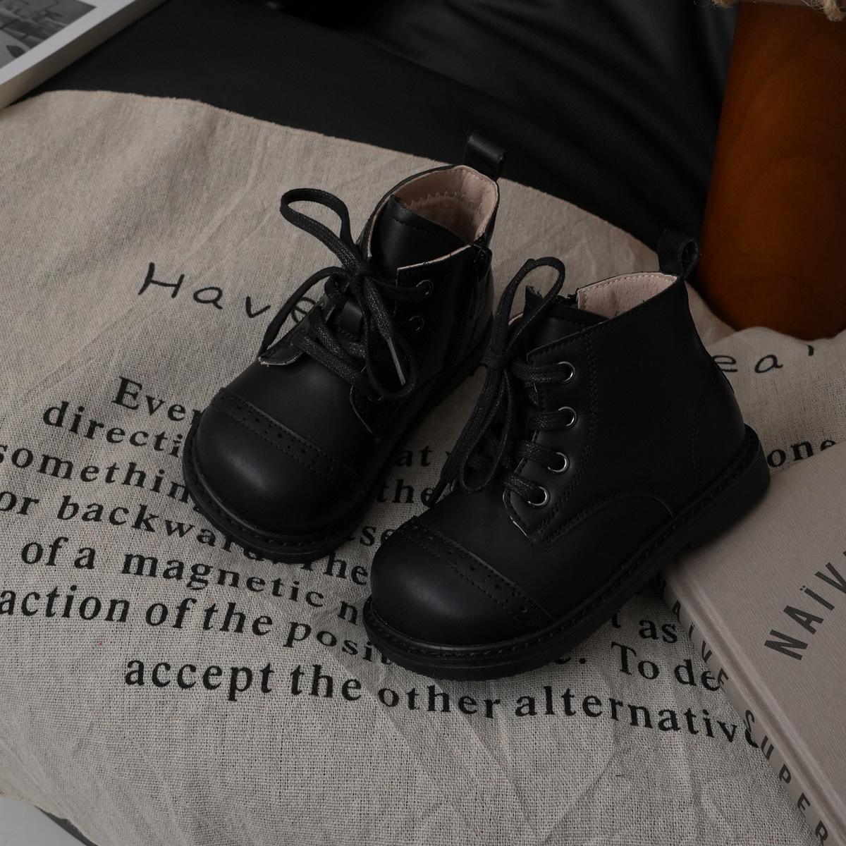 

XSHX Неоклассический блок Детские кожаные ботинки с широким круглым носком для мальчиков и девочек, ботинки Мартин на боковой молнии 247053 24