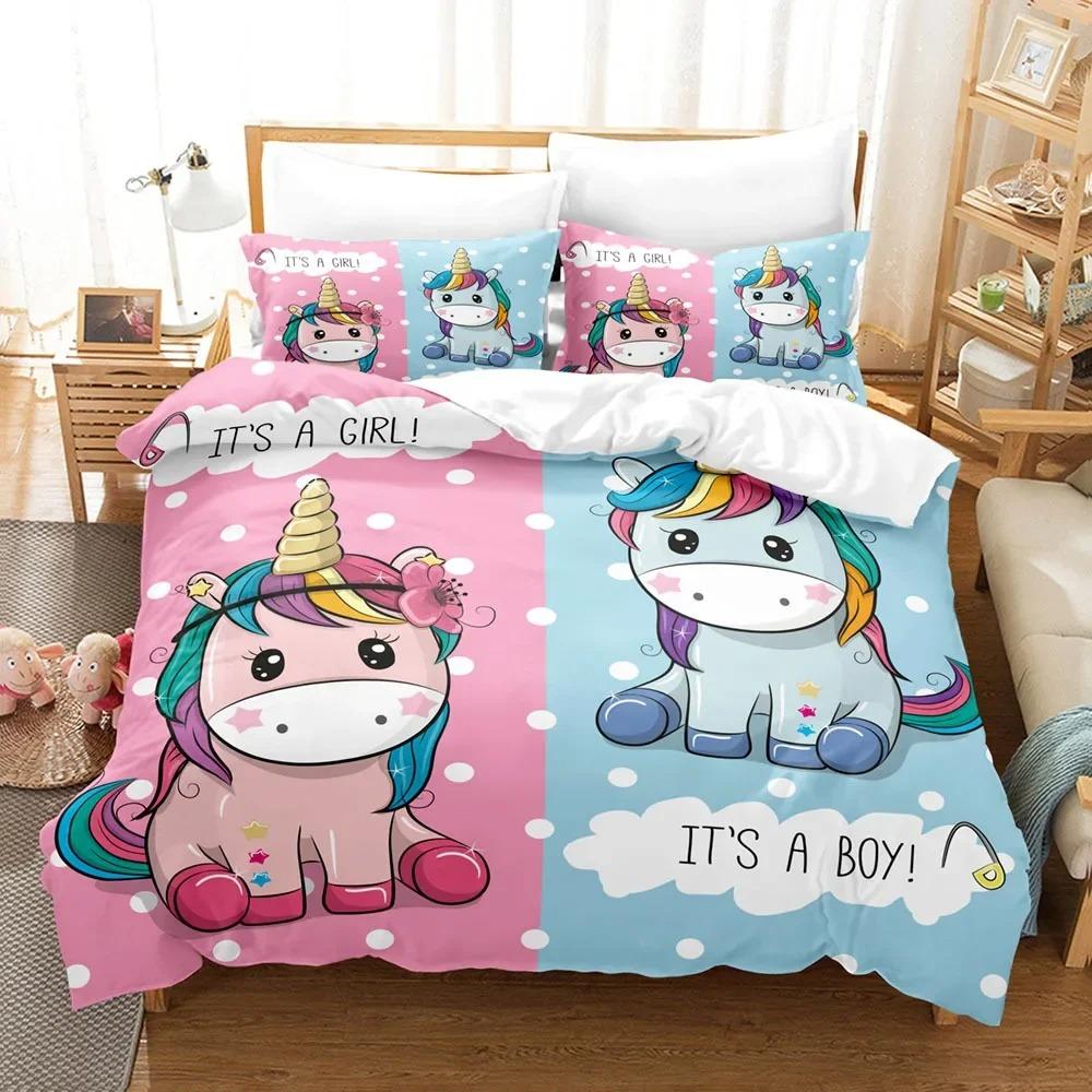 Cartoon Unicorn Duvet Cover Set KingQueen Size Cute Pink Blue Fairy Tale Animals Polyester Bedding Set for Girls Kids