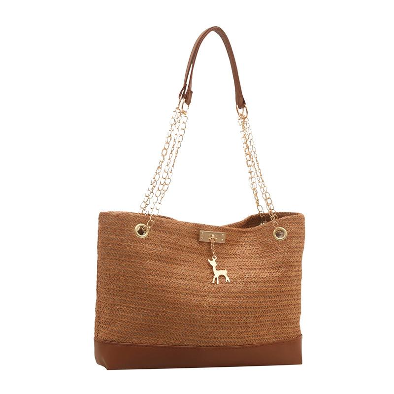 Luxury Brand Woven Underarm Bag French-style Large-capacity Fashiable Woven Tote Bag Magnetic Buckle Design Chain Shoulder Bag коричневый