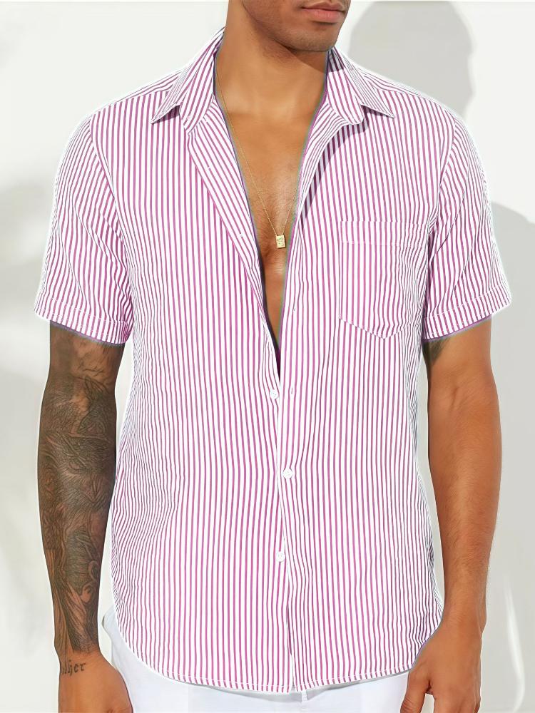 Men's Fashionable Color Woven Striped Casual Short Sleeved Shirt