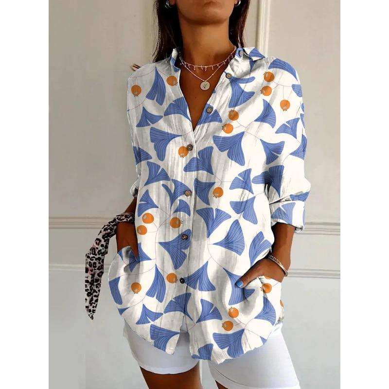 Women Casual Print Shirt Summer Elegant Long Sleeve Button Tops Shirts Womens Clothing