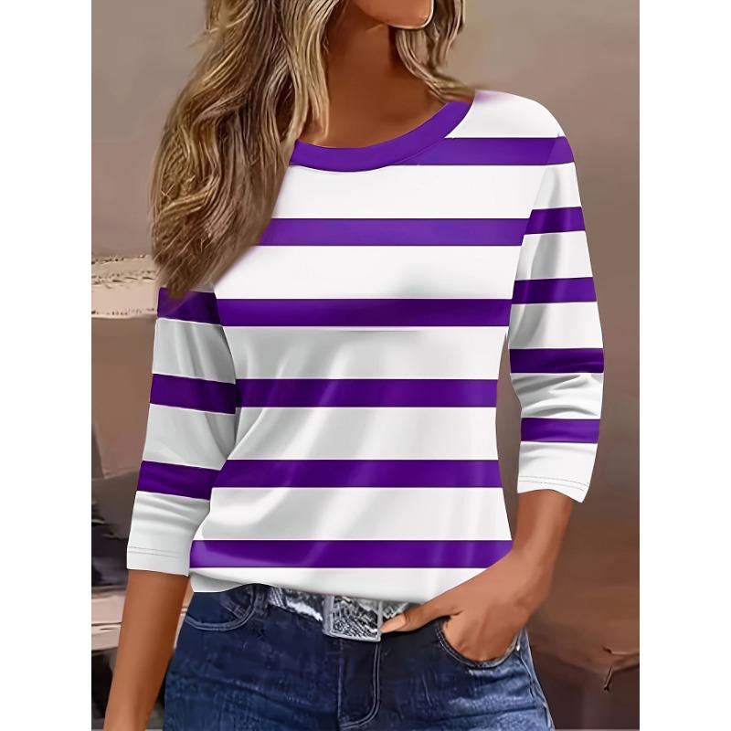 

Жіноча футболка 3D проста однотонна смугастий принт модна з довгим рукавом круглий виріз звичайний топ святковий вихідний весна та осінь L