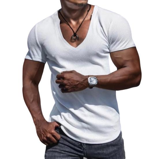 Men Shirt V-Neck Solid Color Breathable Sweat Absorption Quick Dry Dress-up Washable Summer Men Sports T-Shirt Pullover Top for Men